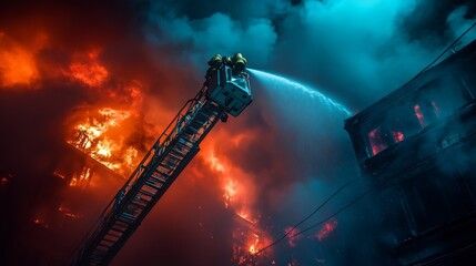 A firefighter on a ladder truck sprays water on a burning building at night, with dramatic orange and blue light emanating from the fire.