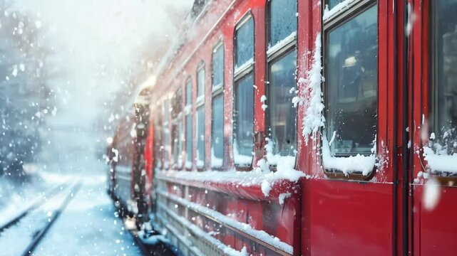 Red train with snow on it. The train is on a track and the snow is falling on the train