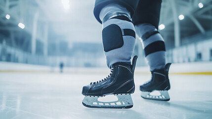 Fototapeta premium Hockey player wearing protective gear and skates on the ice rink during a sport practice session