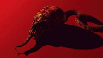 Snake Emerging from a Skull on Red Background