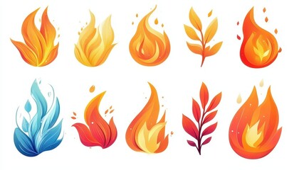 Collection of vibrant flame illustrations isolated on a white background