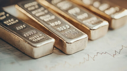 Close up of gold bullion bars showcasing their shiny surfaces and detailed engravings, symbolizing wealth and investment in precious metals. background features stock market graph, indicating market