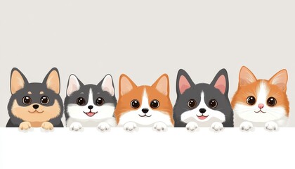 Obraz premium Dogs and cats playfully hanging paws over a white surface in a cozy setting
