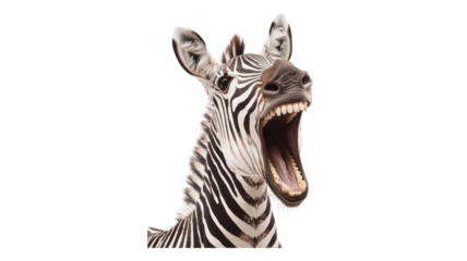 A zebra yawning widely with its mouth open in a playful display, showcasing its distinct black and white stripes against a clear background.