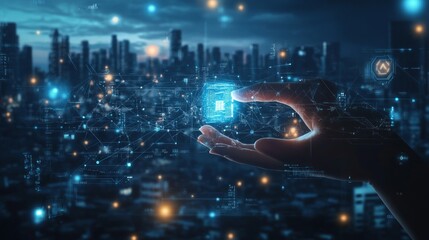 A hand hovers over a glowing blue cube in the center of a network of glowing dots and lines, representing the digital world.