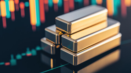 Gold bars stacked on reflective surface, symbolizing wealth and investment. background features colorful financial charts, enhancing theme of finance and trading