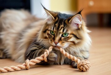 _. A Maine Coon cat playing with a rope toy.