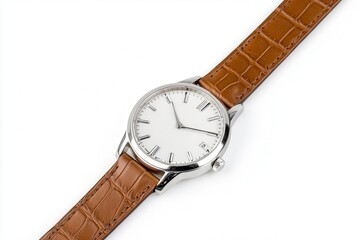 Classic wristwatch with a white dial and brown leather strap on a white background