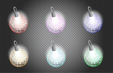Christmas tree decorations glass transparent balls. A set of Christmas multi-colored balls inside bright light sparkles. New Year's decoration.  Holiday decor items. On a transparent background. 