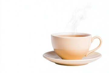 Fototapeta premium Cup of steaming tea on saucer, white isolated background.