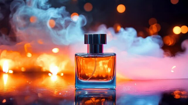 Bottle of perfume is sitting on a table with a blue background. The bottle is surrounded by smoke, giving the impression of a smoky, mysterious atmosphere