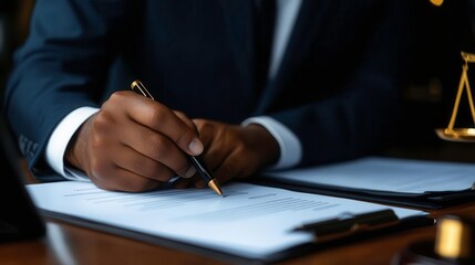 Hand signing documents with a pen, dark background, legal concepts.