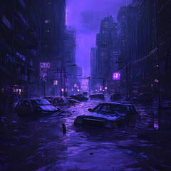 rainy night, doom, bluish-purple sky, in a flooded city with abandoned cars and half-submerged buildings, submerged streetlights, murky waters