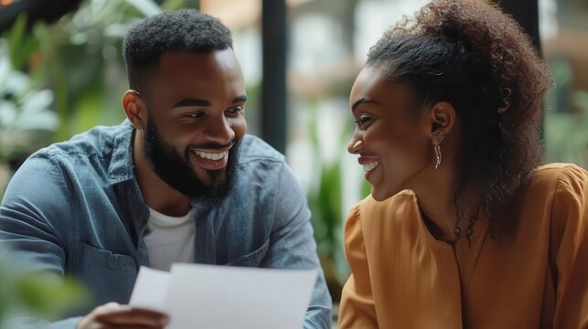 Happy couple enjoying time together while reviewing documents indoors.
