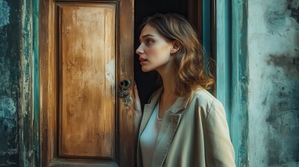 Fototapeta premium Woman Standing By Closed Door in Dim Light