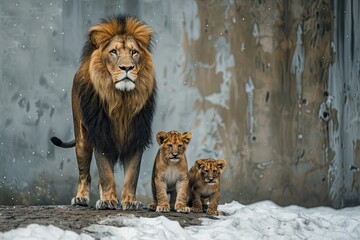 A proud lion father standing protectively over his family on a gray background, symbolizing...