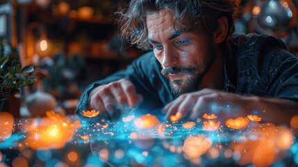 Male designer creating digital 3D holographic flower using AI technology at futuristic office desk.
