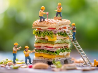 Tiny construction workers assembling a towering sandwich creation - miniature food art concept
