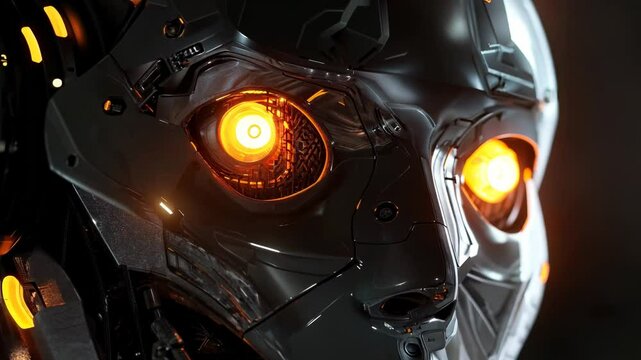 Robot with yellow eyes and a black face. The robot is made of metal and has a metallic appearance