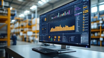 Fototapeta premium warehouse management software displayed on a computer screen, with organized inventory lists and visual charts to streamline operations in a bright, efficient workspace