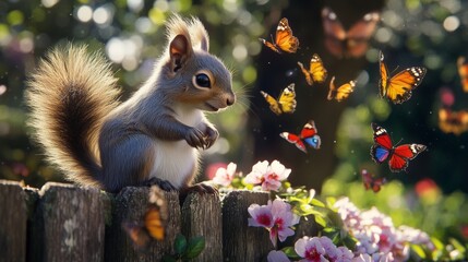 Obraz premium Eager Squirrel Enjoys Colorful Butterflies in a Blooming Garden