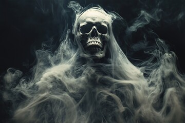 A skull emerges from a swirling cloud of smoke, creating an eerie and ghostly image.