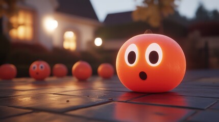 A whimsical Halloween scene with bright orange pumpkins on a cobblestone pathway. foreground pumpkin has wide, surprised eyes, creating a playful atmosphere.
