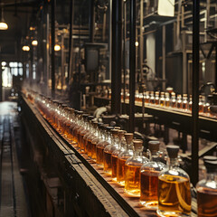 Naklejka premium Interior of a perfume factory, 19th century steam-powered perfumery, perfume bottles on a production line, at the time of the industrial revolution