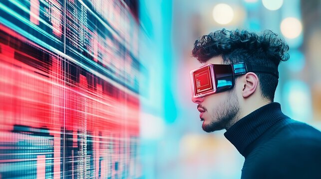 Modern  background with young man with headset, double exposure, market price report, city background, colour grading, 