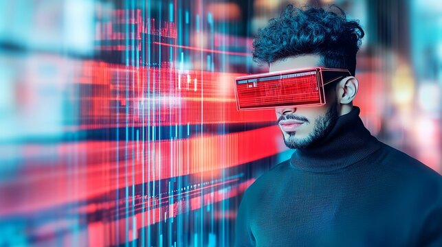 Modern  background with young man with headset, double exposure, market price report, city background, colour grading, 