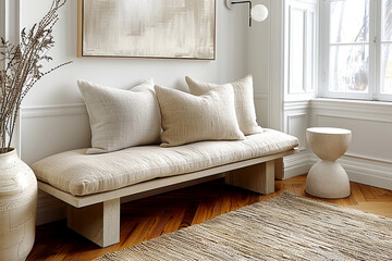 Minimalist bench with neutral cushions, abstract wall art, and modern decor in a bright, serene space. Classic, french country interior design of modern hall, home entryway.