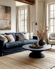 Scandinavian home interior design of modern living room. Stylish room with a dark blue sofa, neutral pillows, and modern decor creating a cozy and elegant atmosphere.