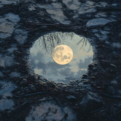 Fototapeta premium moon in reflection of puddle realistic on the damaged asphalt 