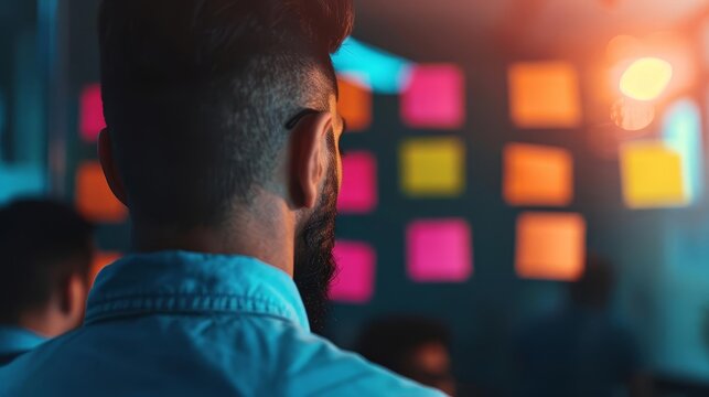 Back view of a man looking at a wall of colorful sticky notes.
