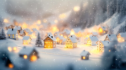 Naklejka premium Miniature Village covered with snow, lit up with outdoor and windows lights, Christmas background 