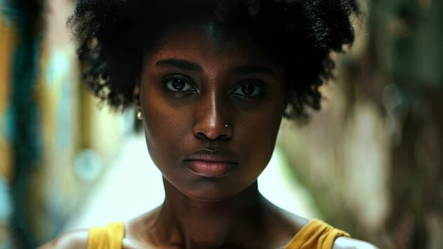 Woman with a yellow tank top and black hair. She has a nose piercing. Mood of confidence and boldness