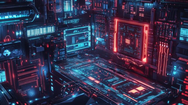 Futuristic digital data center integrated with advanced technology. It features a server on circuit board surrounded by various digital elements, coud computing, data storage, and cyber technology.