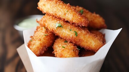Crispy golden-brown fish sticks are elegantly arranged in a white cone-shaped container, garnished with fresh parsley. A bowl of creamy dipping sauce adds to the inviting presentation.