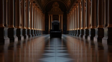 Obraz premium Long, grand hallway with rows of columns and a checkered floor.