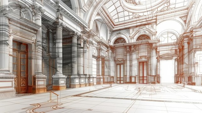 Grand interior of a classical building with ornate columns and arches.