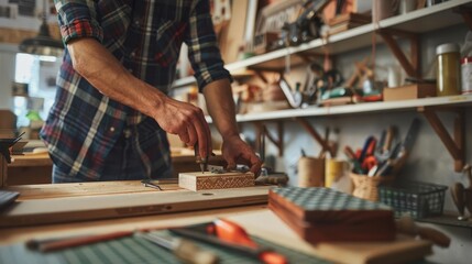 DIY project in progress, showing hands working with tools and materials to create a custom home decor item in a workshop with copy space