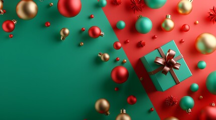 3D Colorful Holiday Gift Box with Ornaments and Decorations. Christmas Theme.