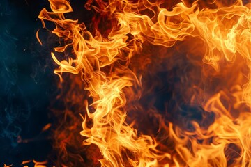 Fototapeta premium Close-up of vibrant orange and yellow flames dancing against a dark background.
