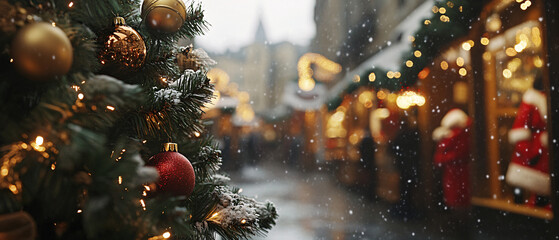 Christmas Tree Ornament Close Up With Snowy City Background