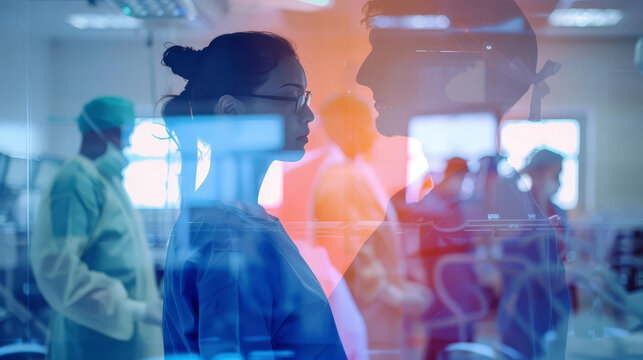 Silhouette of a female medical professional in a hospital setting, with other medical staff in the background.