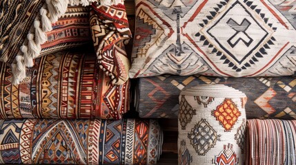 Ethnic tribal patterns in earthy tones, intricate designs inspired by indigenous cultures, perfect for a bohemian-style home