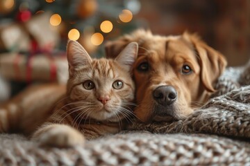 Christmas-themed pet photoshoot featuring dogs and cats in costumes. Highlighting festive decorations and joyful moments, perfect for holiday greeting cards and social media.