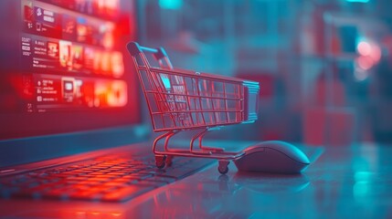 A miniature shopping cart sits on a laptop keyboard with a computer mouse, representing online shopping.