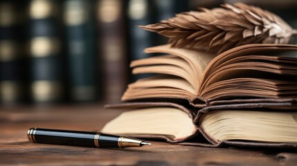 Fototapeta premium Freshly opened book with a pen beside it, symbolizing the start of a new story