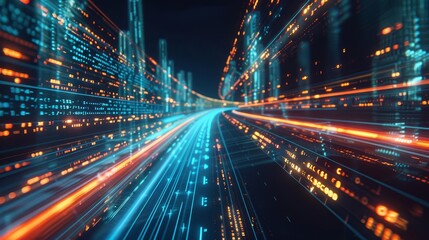 Abstract digital city with glowing lines and data streams.